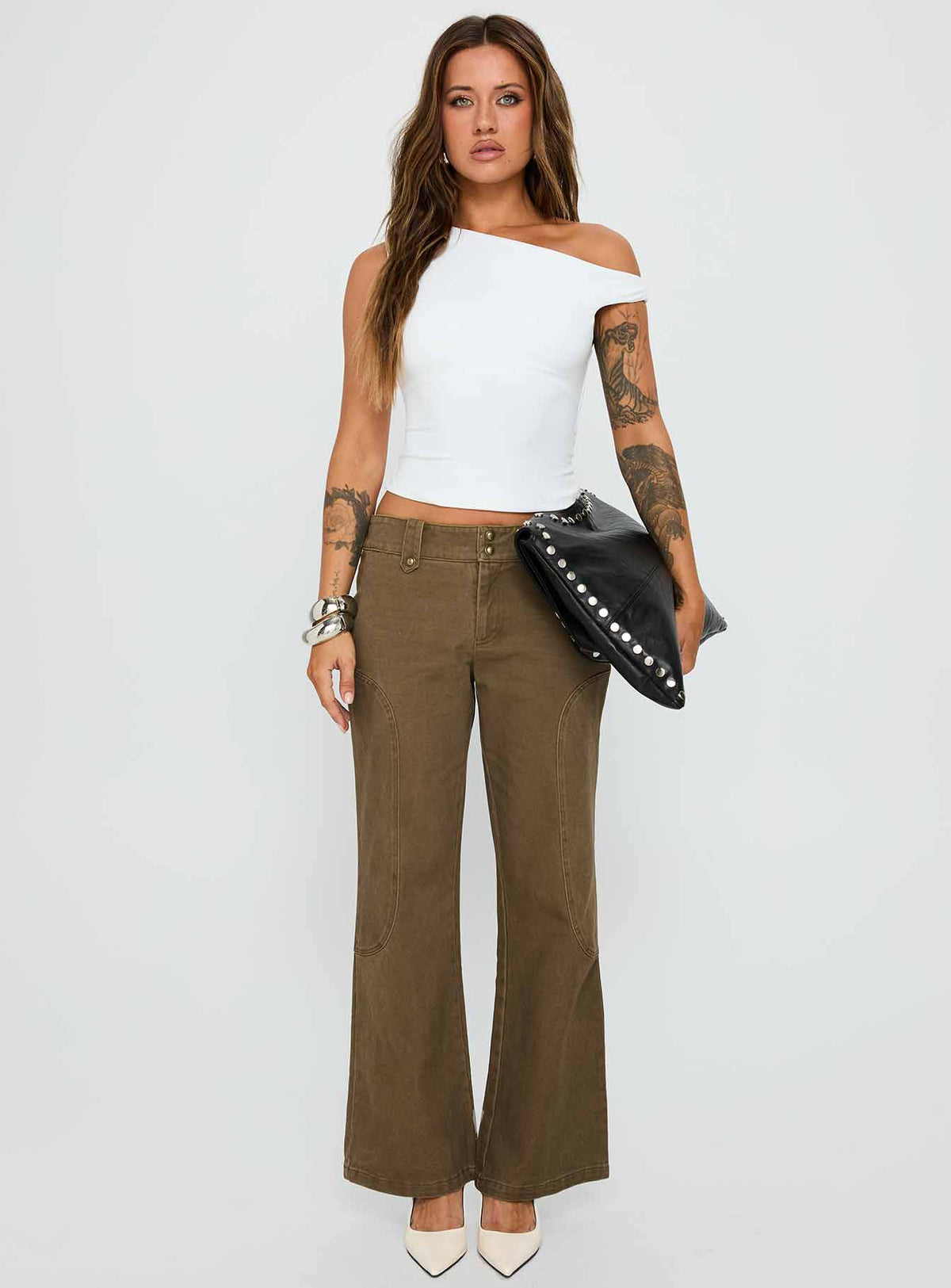 Cuzco Low Rise Flared Cargo Jeans Dark Khaki