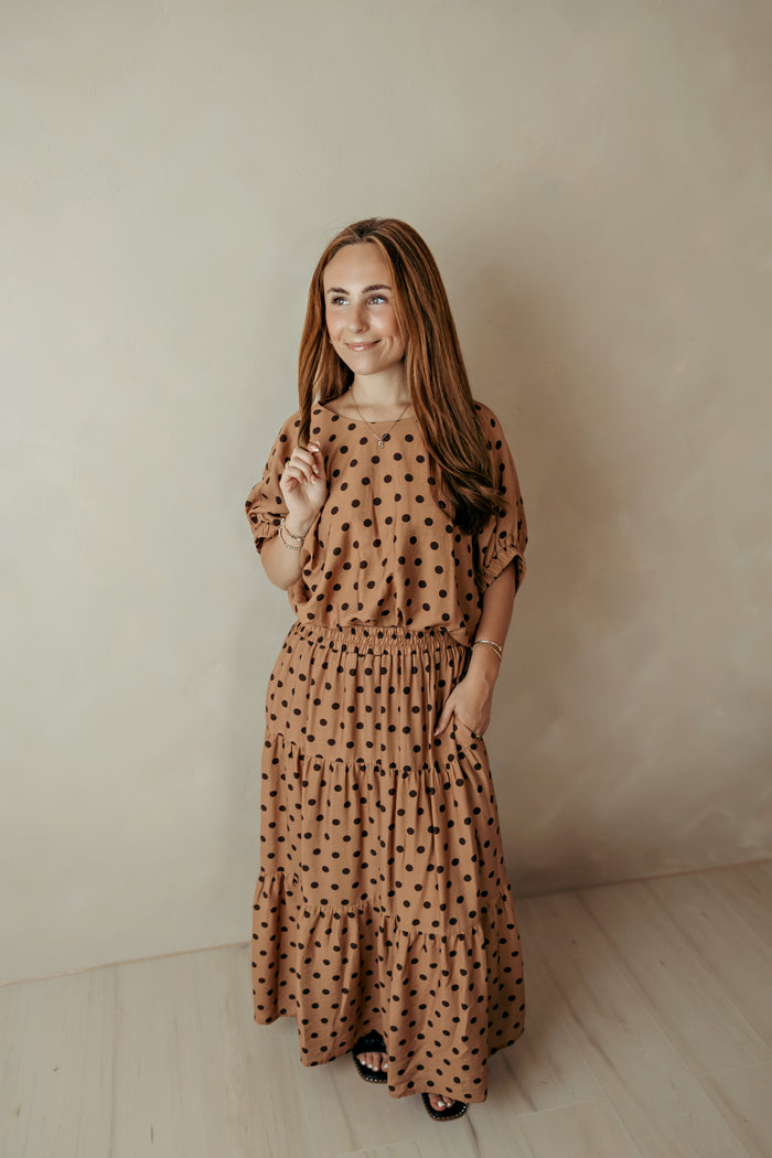 Camel & Brown Polka Dot Bubble Top