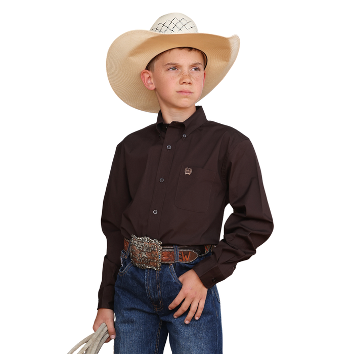 Cinch Boy's L/S Solid Button Down Western Shirt in Brown