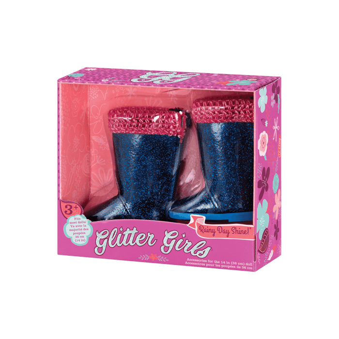Blue glitter rain boots for 14-inch doll