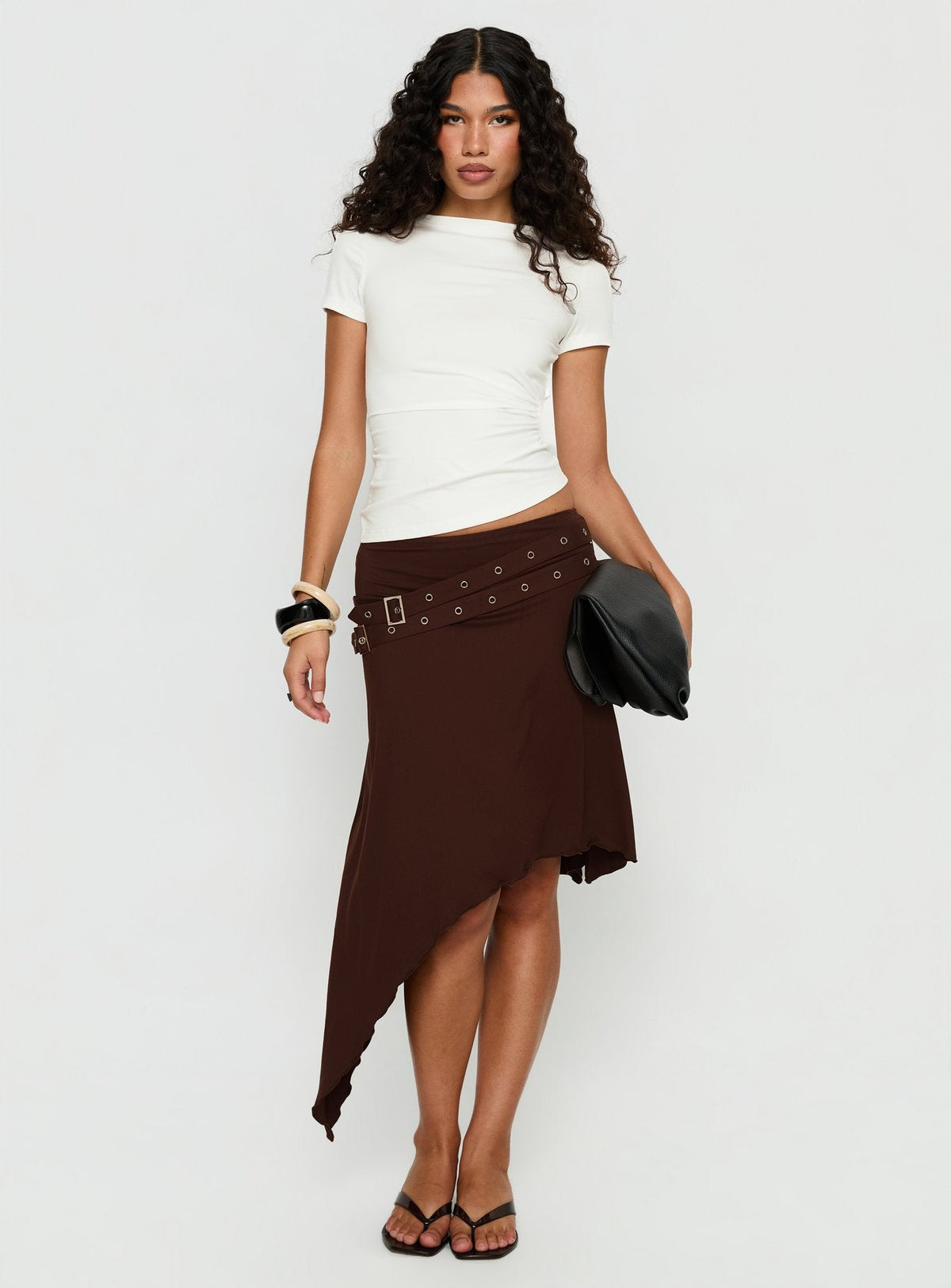 Lorensa Double Buckle Asymmetrical Midi Skirt Brown