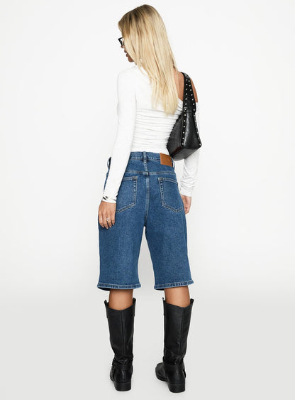 Retro Dream Mid Rise Longline Denim Shorts Mid Wash