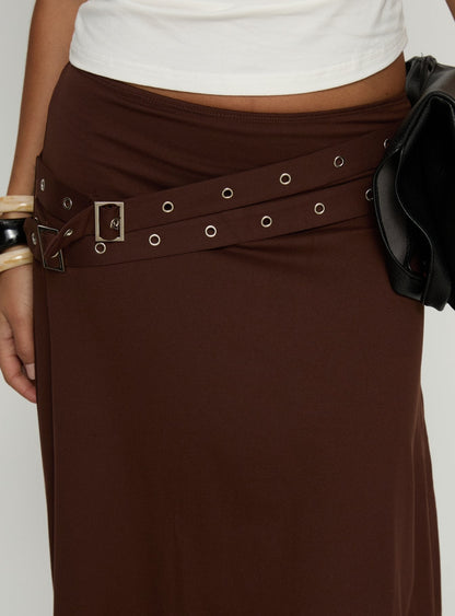 Lorensa Double Buckle Asymmetrical Midi Skirt Brown