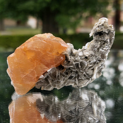 78g 5x3x3cm Snail Shape Orange Scheelite with Silver Muscovite from Mt. Xuebaoding,Sichuan,CHINA