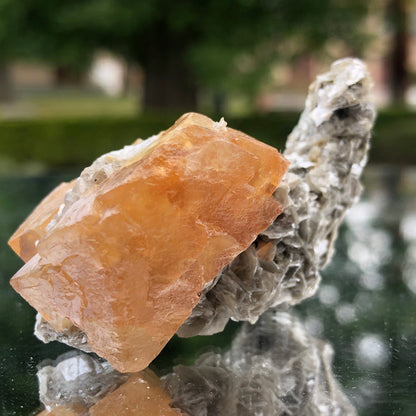 78g 5x3x3cm Snail Shape Orange Scheelite with Silver Muscovite from Mt. Xuebaoding,Sichuan,CHINA