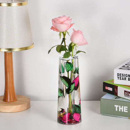 Acrylic Liquid 3D Floating Motion Cylinder Oval Flower Vase Boutique Floral Decoration Red Green Leaf