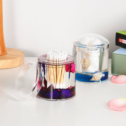Acrylic Liquid 3D Floating Motion Round Qtip Cotton Ball Swab Holder Dispenser with Lid Wood