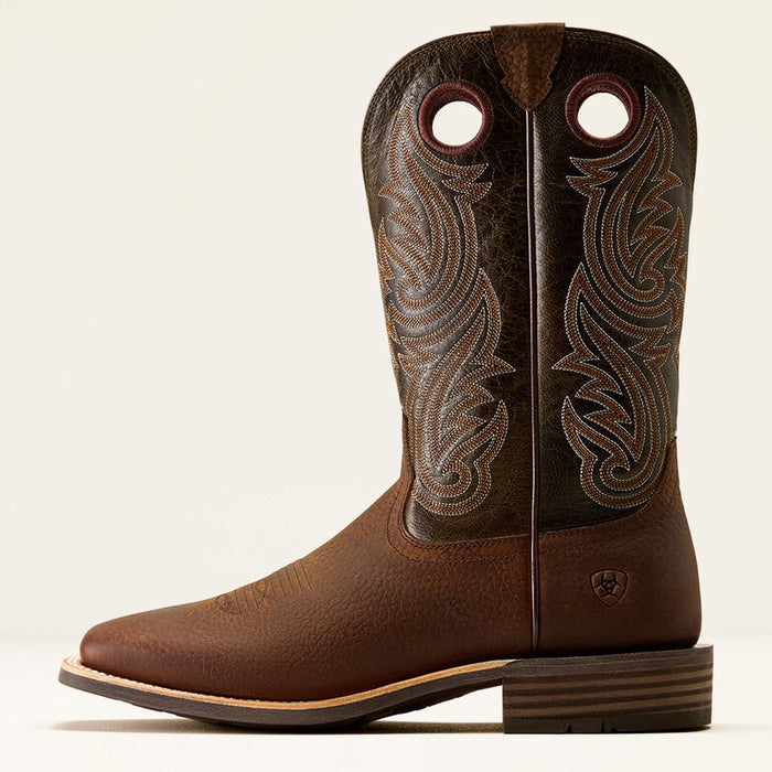 Ariat Men's Highland Toughstock Wide Square Toe Cowboy Boot in Brown Oiled Rowdy/Timber Olive