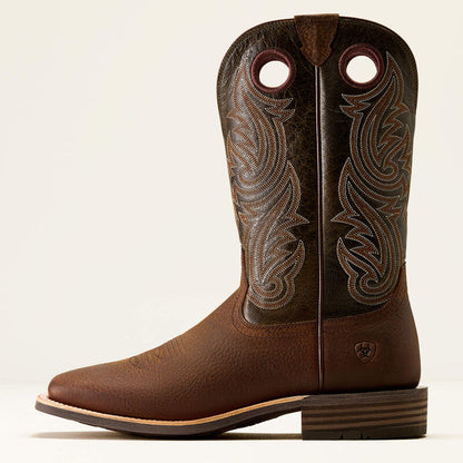 Ariat Men's Highland Toughstock Wide Square Toe Cowboy Boot in Brown Oiled Rowdy/Timber Olive