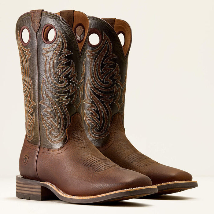 Ariat Men's Highland Toughstock Wide Square Toe Cowboy Boot in Brown Oiled Rowdy/Timber Olive