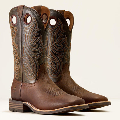 Ariat Men's Highland Toughstock Wide Square Toe Cowboy Boot in Brown Oiled Rowdy/Timber Olive