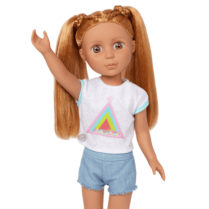 14-inch posable doll with red hair and hazel eyes