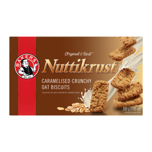 Bakers Nuttikrust Caramelised Crunchy Oat Biscuits 200g box with rectangular brown biscuits and a milk splash.