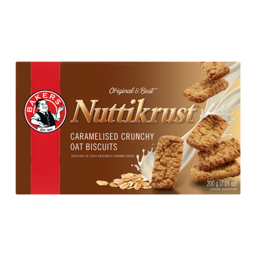 Bakers Nuttikrust Caramelised Crunchy Oat Biscuits 200g box with rectangular brown biscuits and a milk splash.