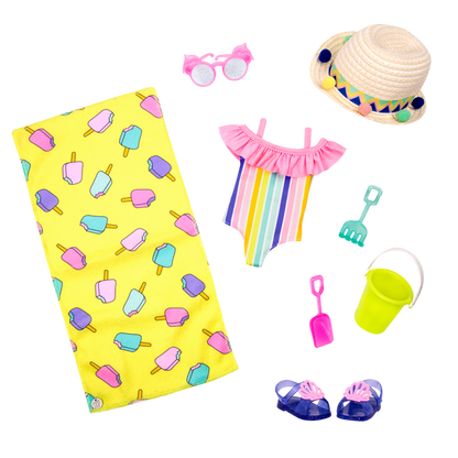 Rainbow swimsuit with beach accessories for 14-inch doll