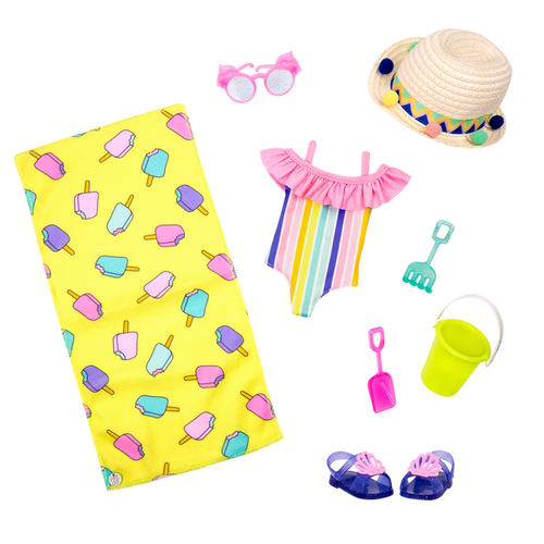 Rainbow swimsuit with beach accessories for 14-inch doll