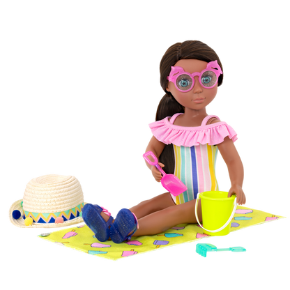 Rainbow swimsuit with beach accessories for 14-inch doll