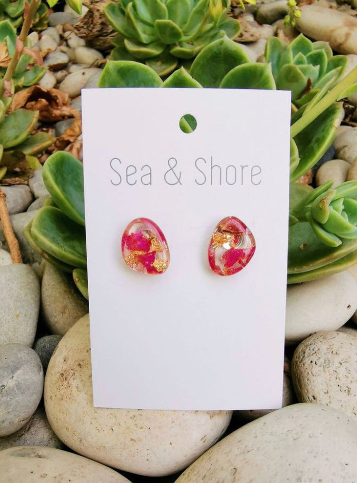 Bogainvillea & Gold Leaf Stud Earrings