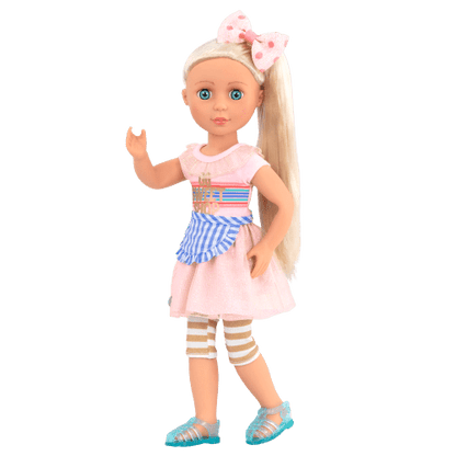14-inch posable doll with blonde hair and blue eyes