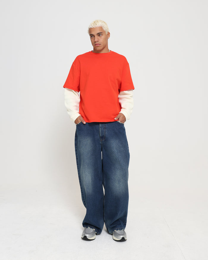 Crop Boxy Waffle Combo LS - CHILLI / CREAM