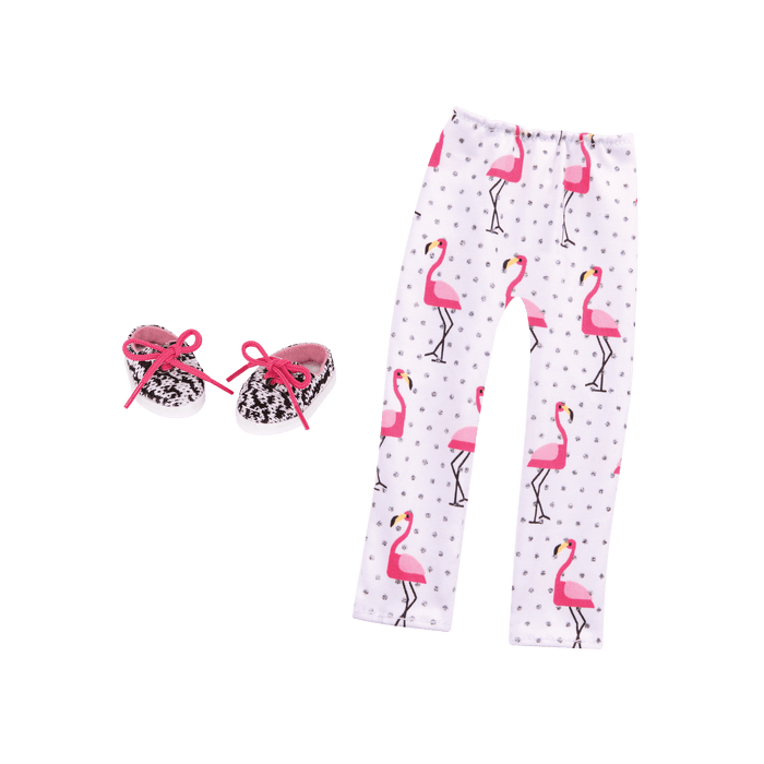 Flamingo-printed leggings and black & white patterned shoes