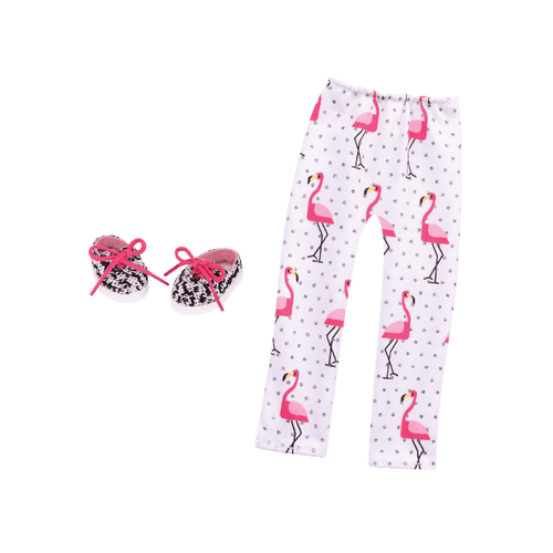 Flamingo-printed leggings and black & white patterned shoes