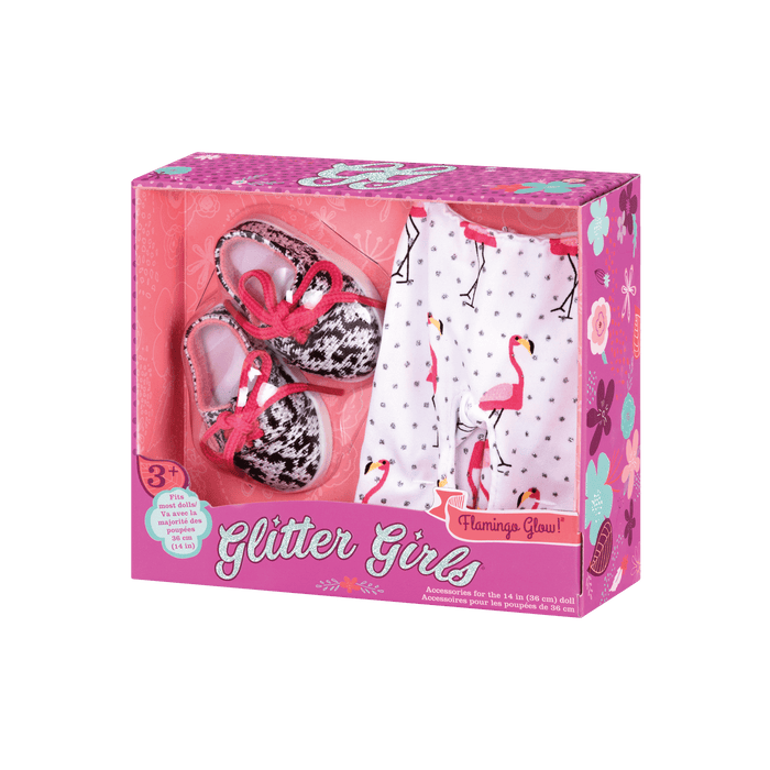 Flamingo-printed leggings and black & white patterned shoes