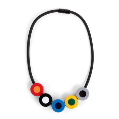 A necklace with a black cord featuring a series of colorful circular beads in red, blue, green, yellow, and black, arranged in a line.
