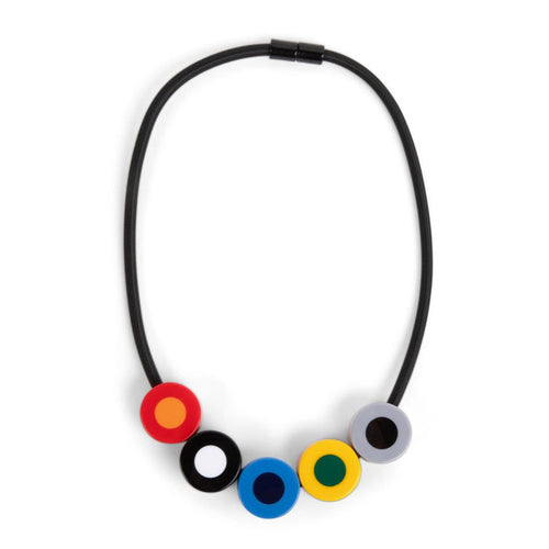 A necklace with a black cord featuring a series of colorful circular beads in red, blue, green, yellow, and black, arranged in a line.