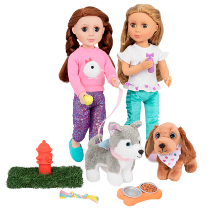 Two 14-inch dolls and dog plushies with pet accessories