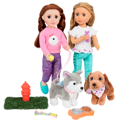 Two 14-inch dolls and dog plushies with pet accessories