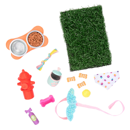 Two 14-inch dolls and dog plushies with pet accessories