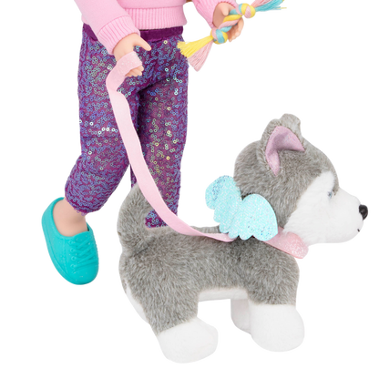 Two 14-inch dolls and dog plushies with pet accessories