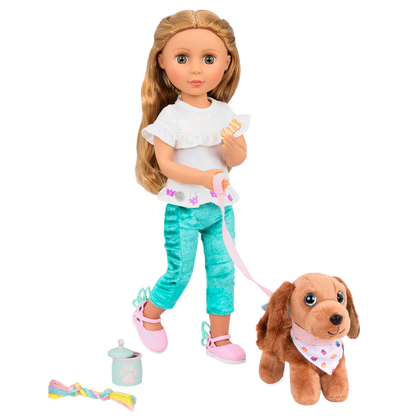 Two 14-inch dolls and dog plushies with pet accessories