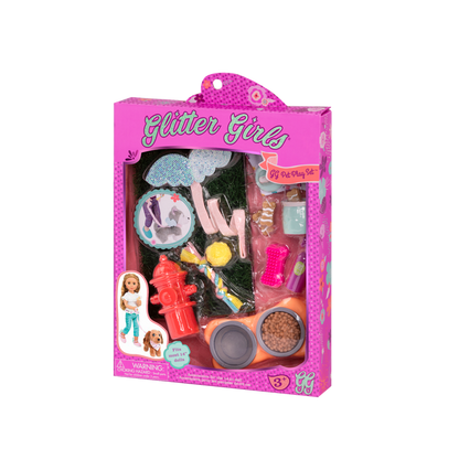 Two 14-inch dolls and dog plushies with pet accessories