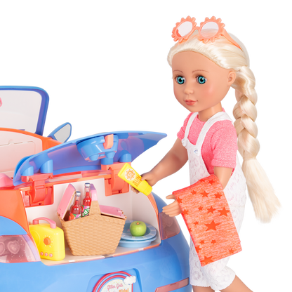 Two 14-inch dolls and Shiba Inu dog plushie with picnic playset