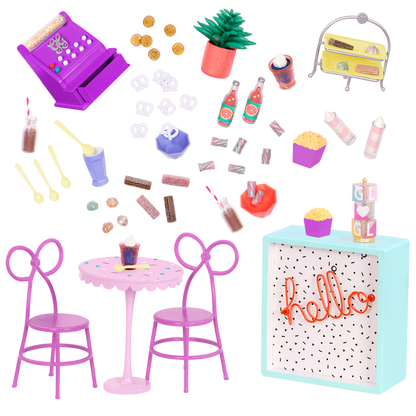 Three 14-inch dolls with terrace playset
