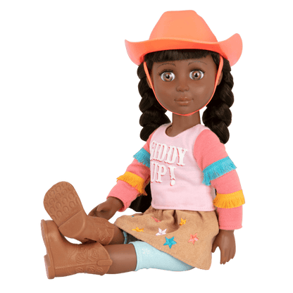 14-inch posable doll with brown hair and green eyes