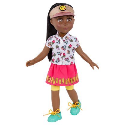 14-inch posable doll with brown hair and brown eyes