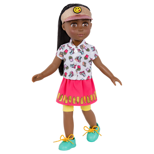 14-inch posable doll with brown hair and brown eyes