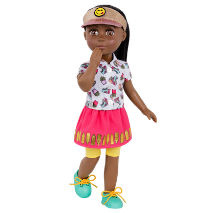14-inch posable doll with brown hair and brown eyes