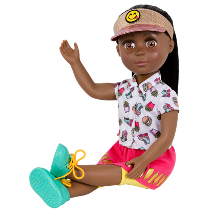 14-inch posable doll with brown hair and brown eyes
