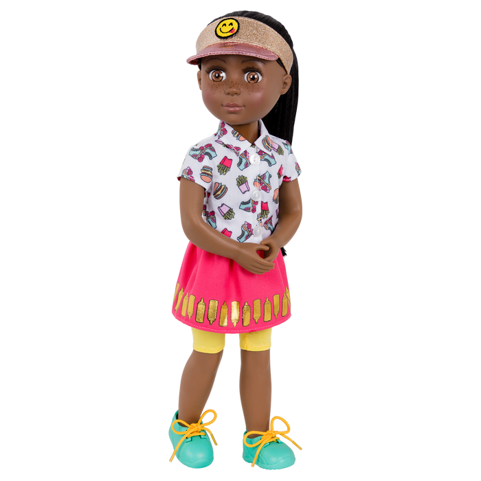 14-inch posable doll with brown hair and brown eyes