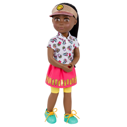14-inch posable doll with brown hair and brown eyes