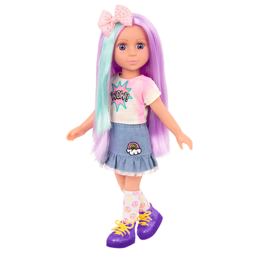 14-inch posable doll with purple hair and purple eyes with extension