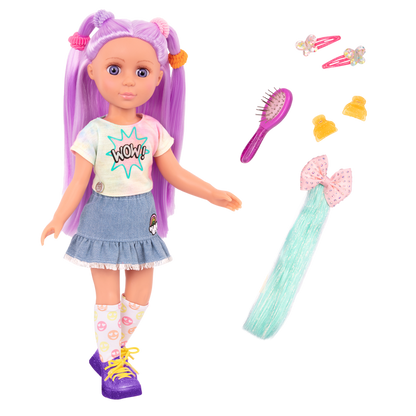 14-inch posable doll with purple hair and purple eyes with extension