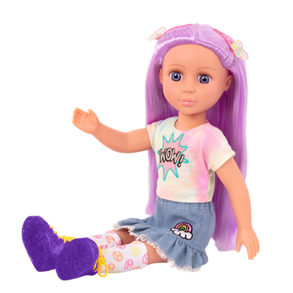 14-inch posable doll with purple hair and purple eyes with extension
