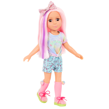 14-inch posable doll with pink hair and brown eyes with extension