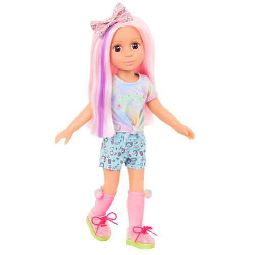 14-inch posable doll with pink hair and brown eyes with extension
