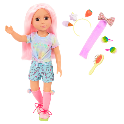 14-inch posable doll with pink hair and brown eyes with extension